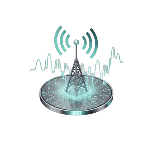 A generated miniature signal tower rising from a silicon wafer